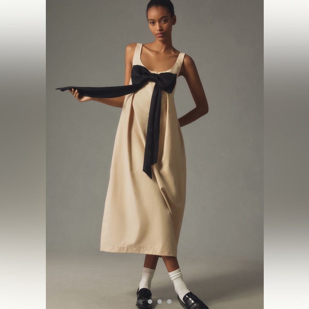 Anthropologie Cream Midi Dress with Black Bow